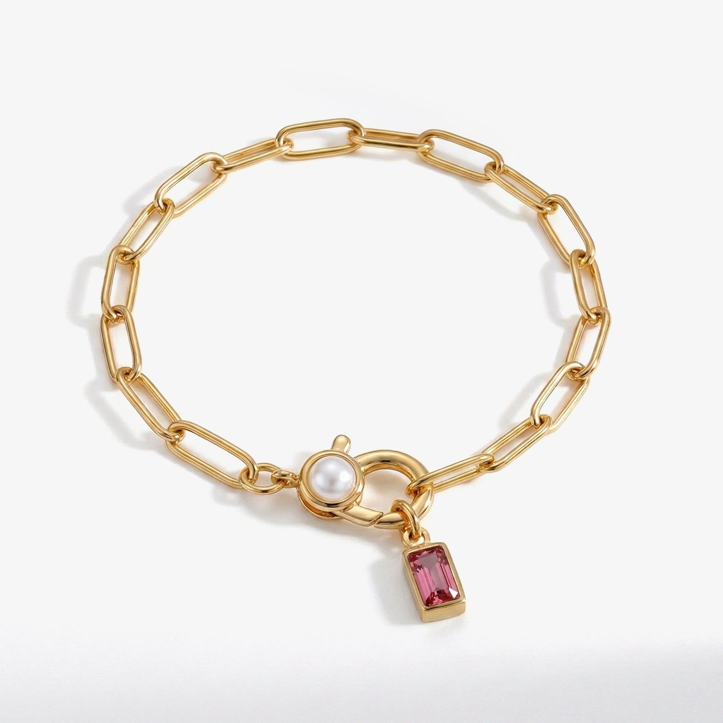 Paperclip Bracelet with Pearl Accent with Dainty Baguette Birthstone Charm