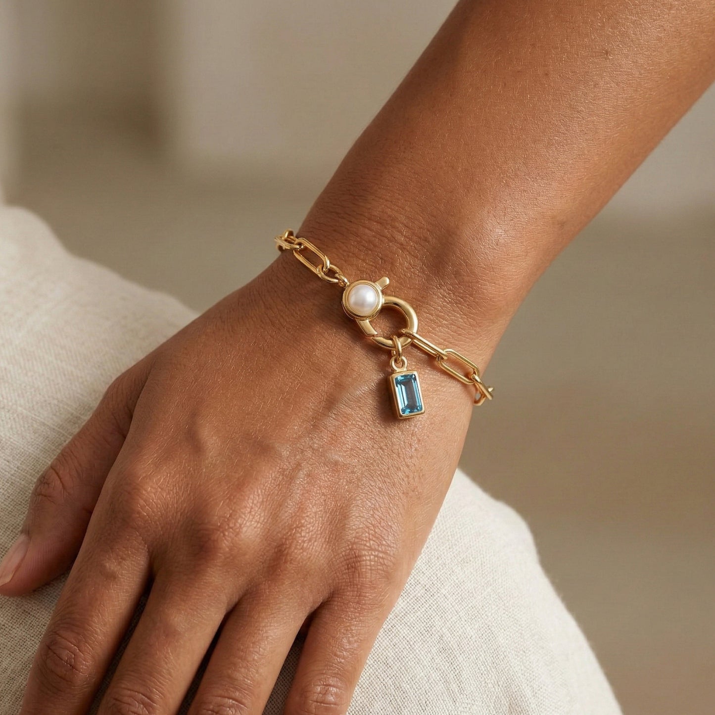 Paperclip Bracelet with Pearl Accent with Dainty Baguette Birthstone Charm