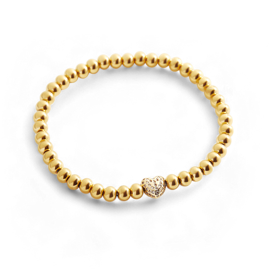 Pave Heart Gold Beaded Bracelet
