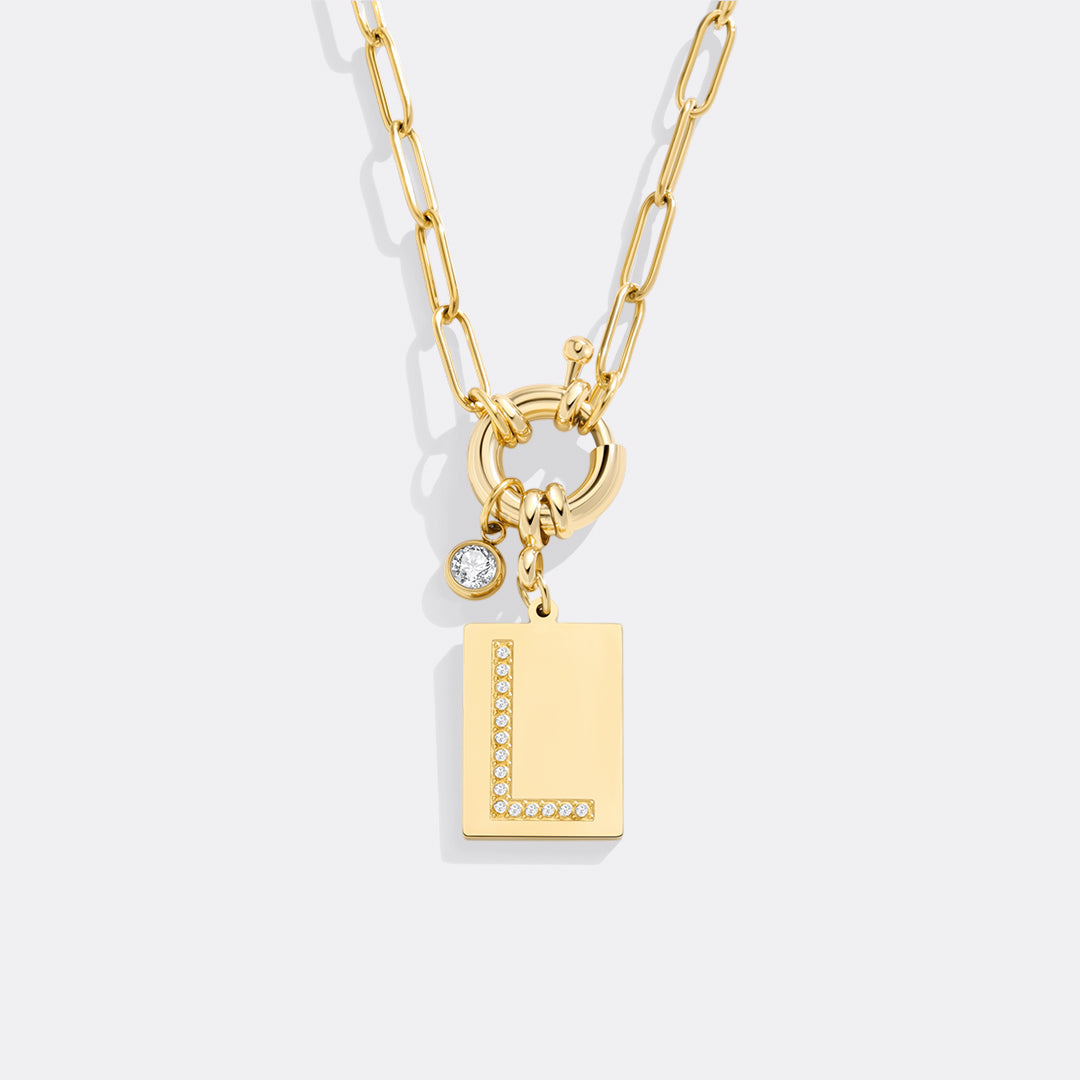 Pave Initial Pendant Necklace with Paperclip Chain