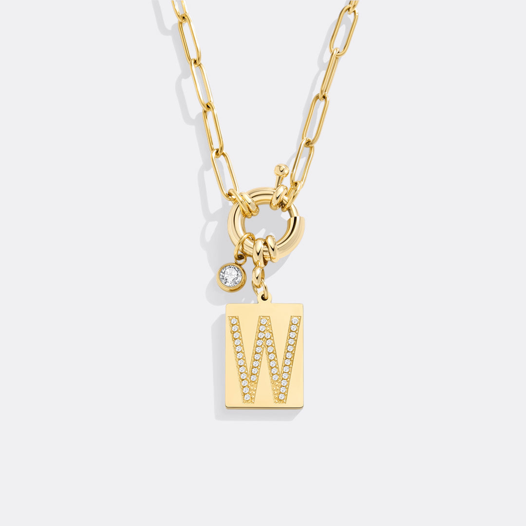 Pave Initial Pendant Necklace with Paperclip Chain