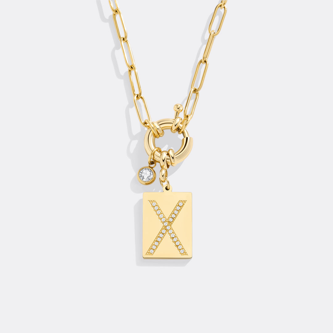 Pave Initial Pendant Necklace with Paperclip Chain
