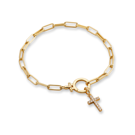 Mint Paperclip Bracelet with Pave Cross Charm
