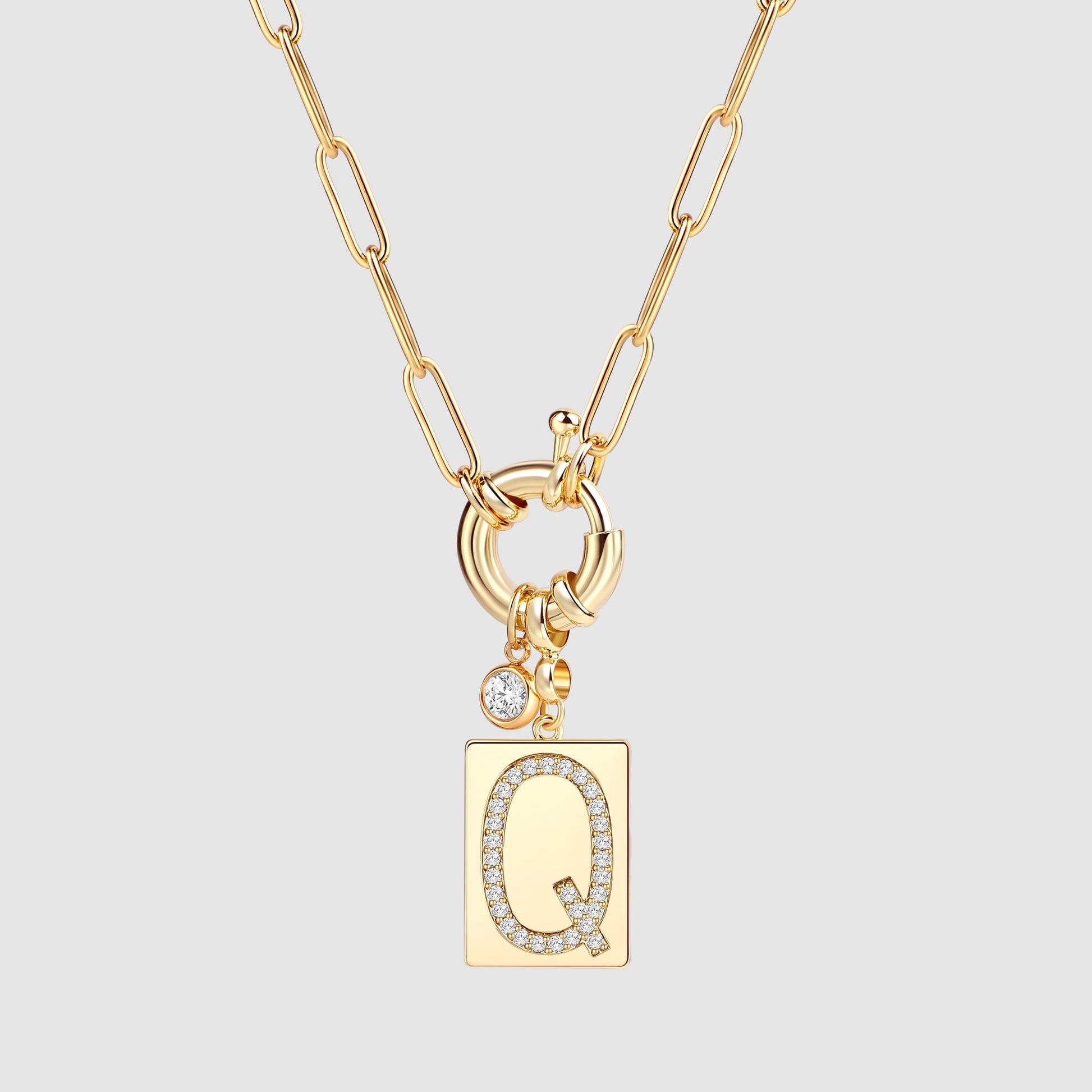 Pave Initial Pendant Necklace with Paperclip Chain