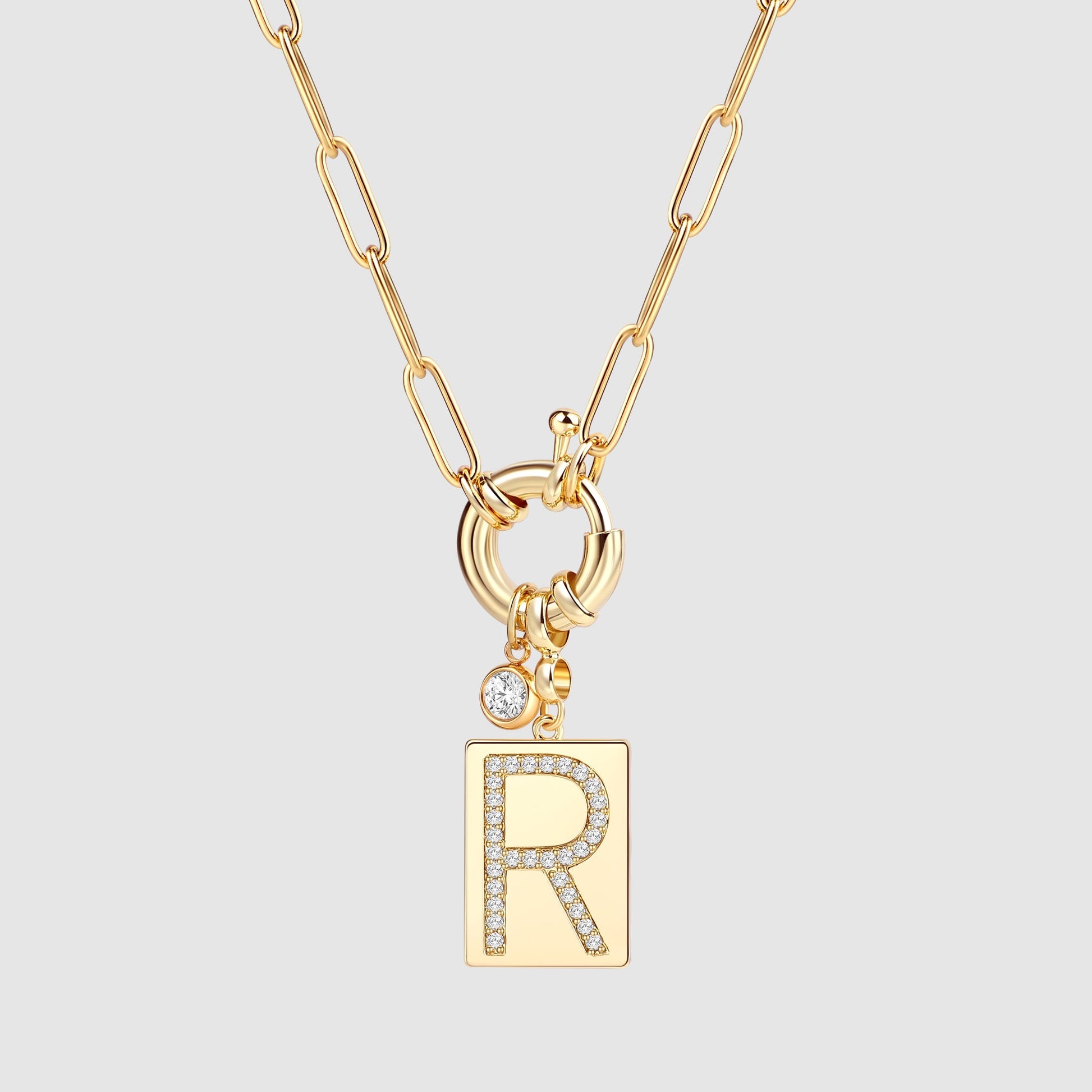 Pave Initial Pendant Necklace with Paperclip Chain