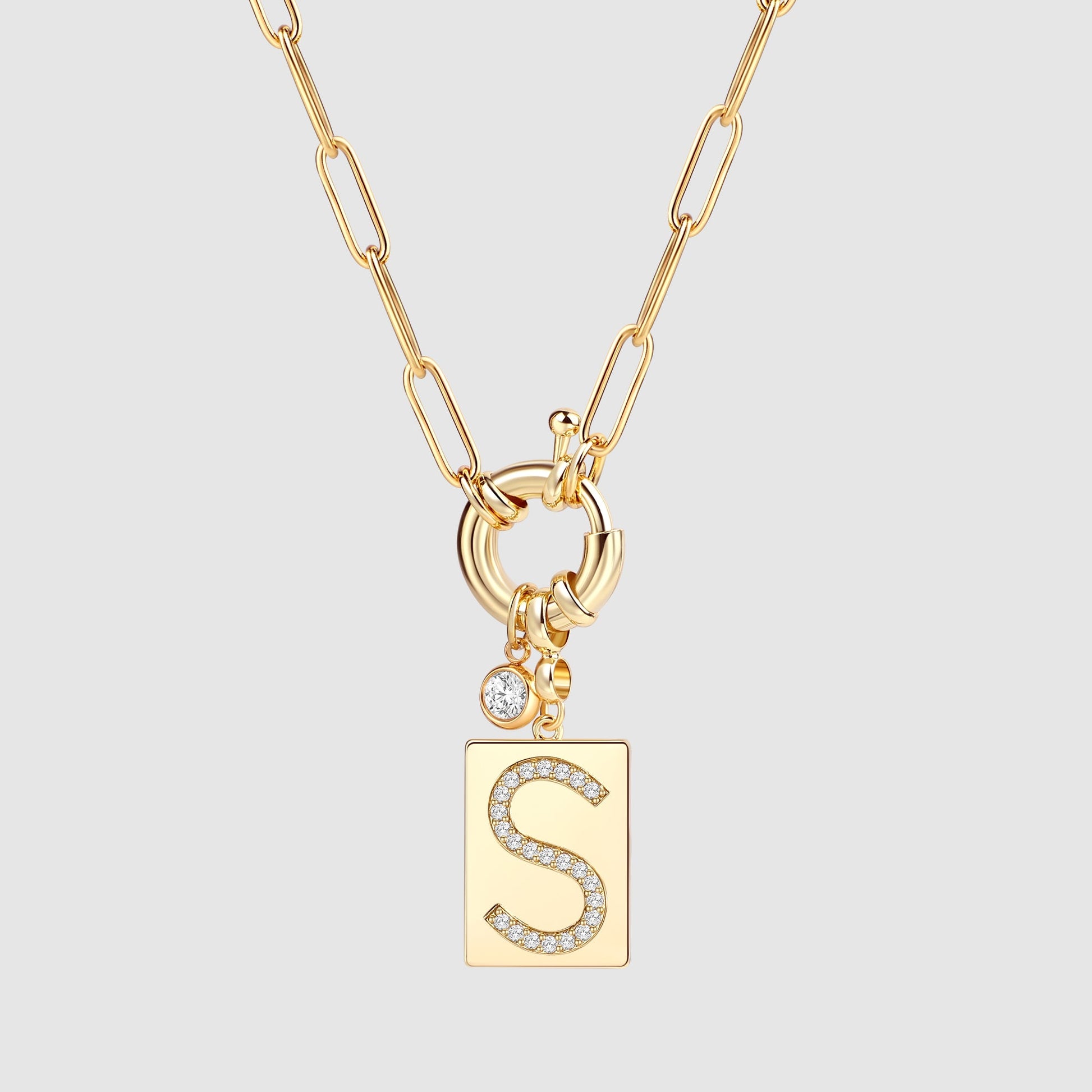 Pave Initial Pendant Necklace with Paperclip Chain