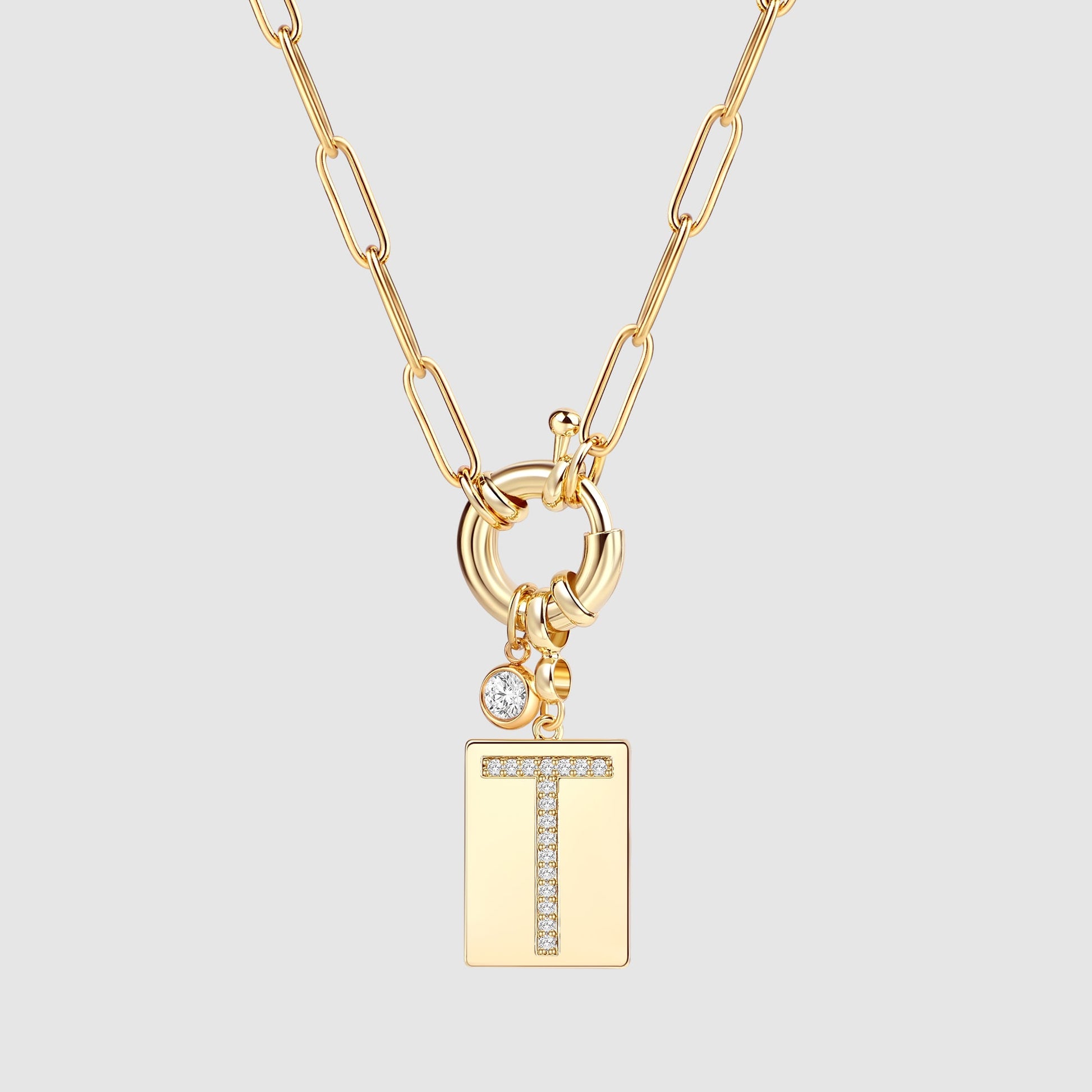 Pave Initial Pendant Necklace with Paperclip Chain