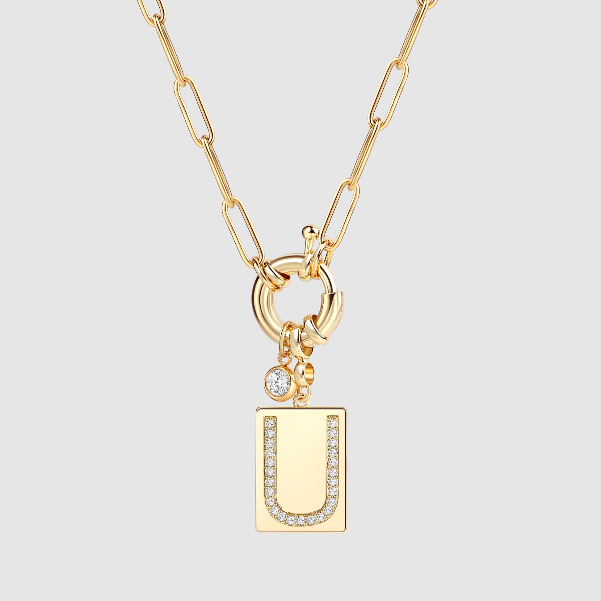 Pave Initial Pendant Necklace with Paperclip Chain