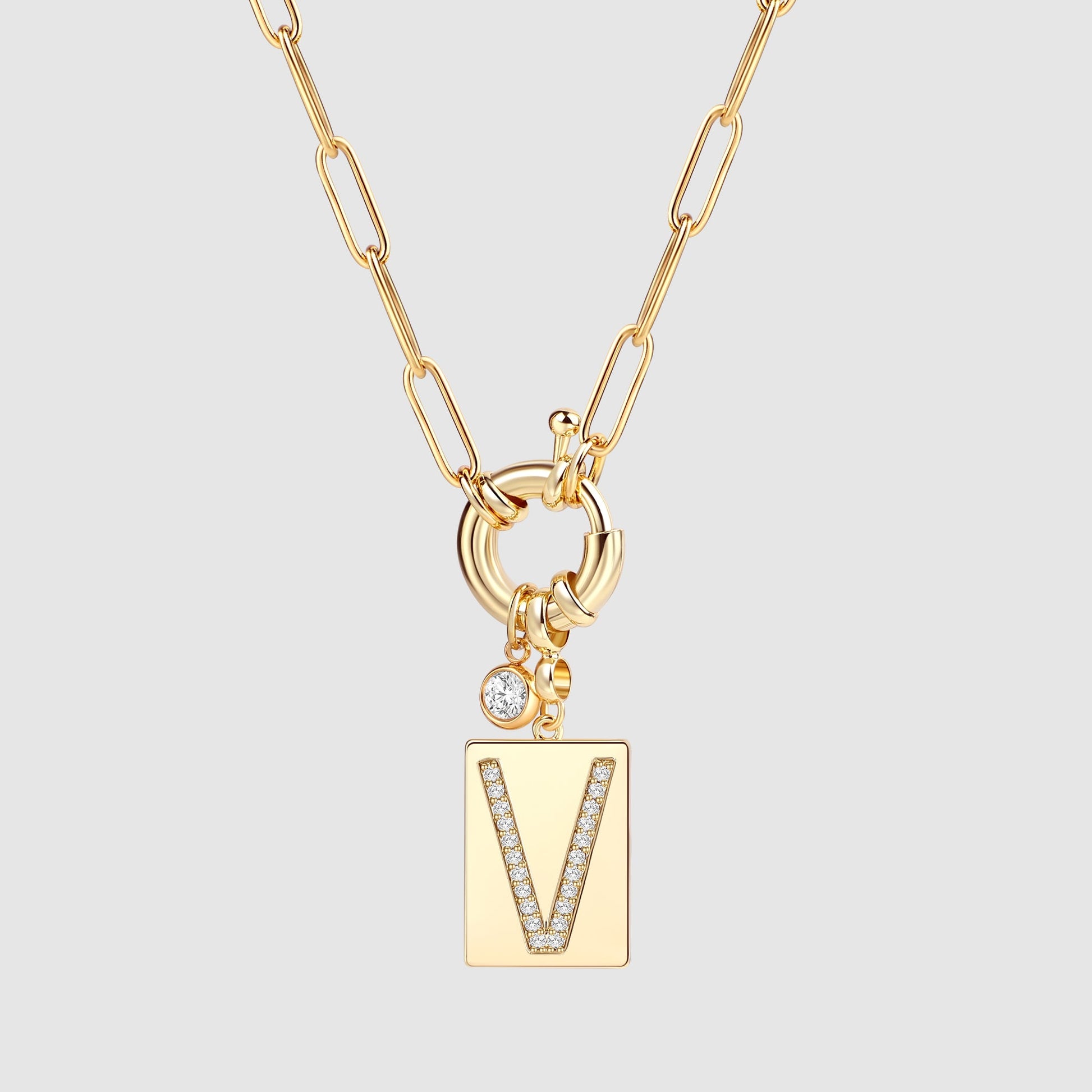 Pave Initial Pendant Necklace with Paperclip Chain