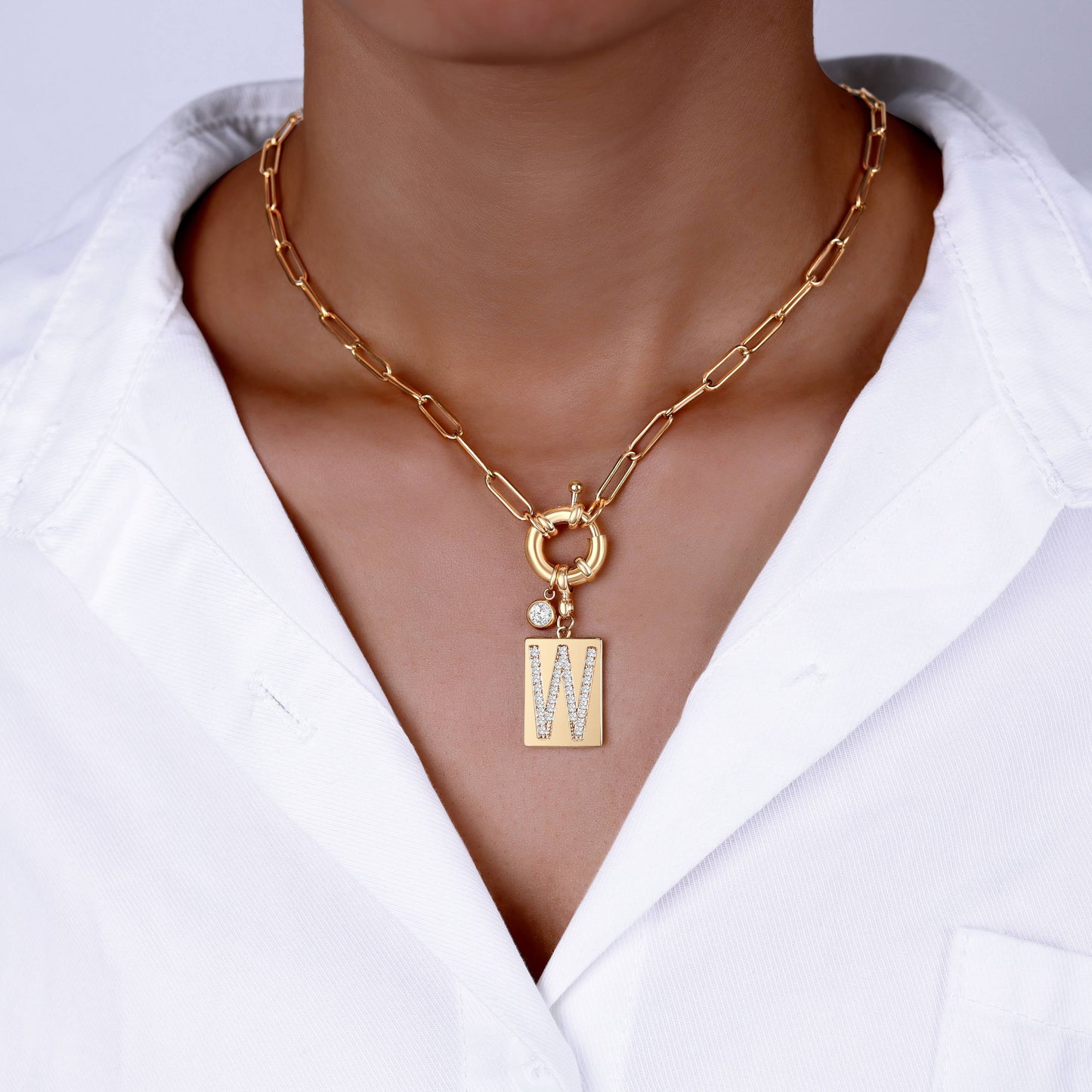 Pave Initial Pendant Necklace with Paperclip Chain