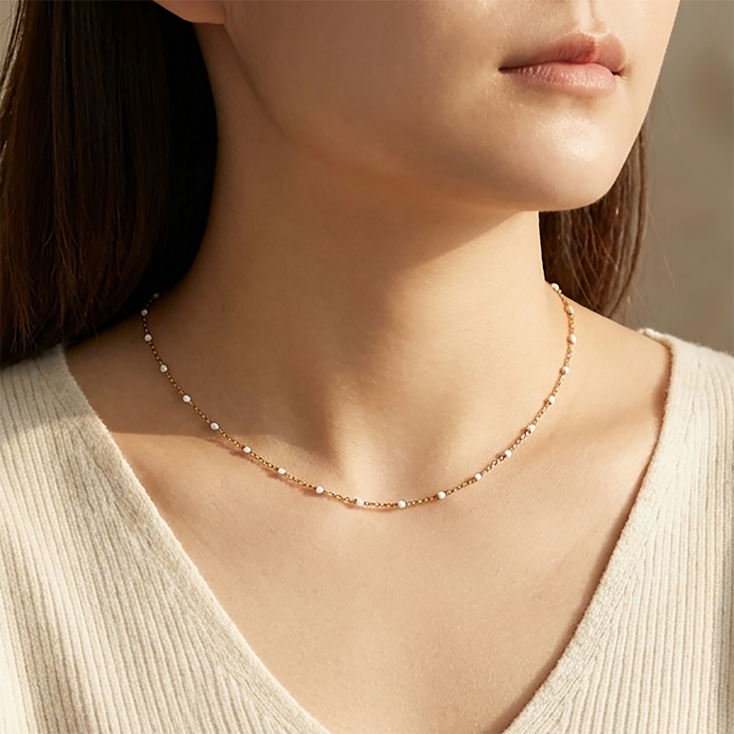 White Beaded Station Necklace