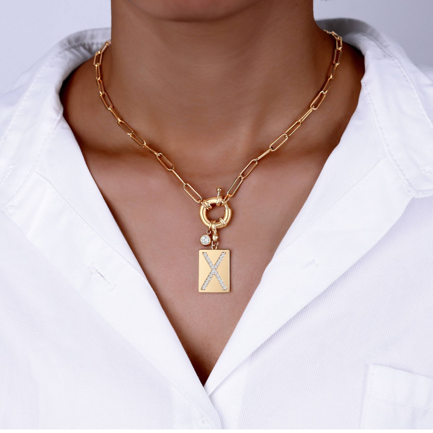 Pave Initial Pendant Necklace with Paperclip Chain