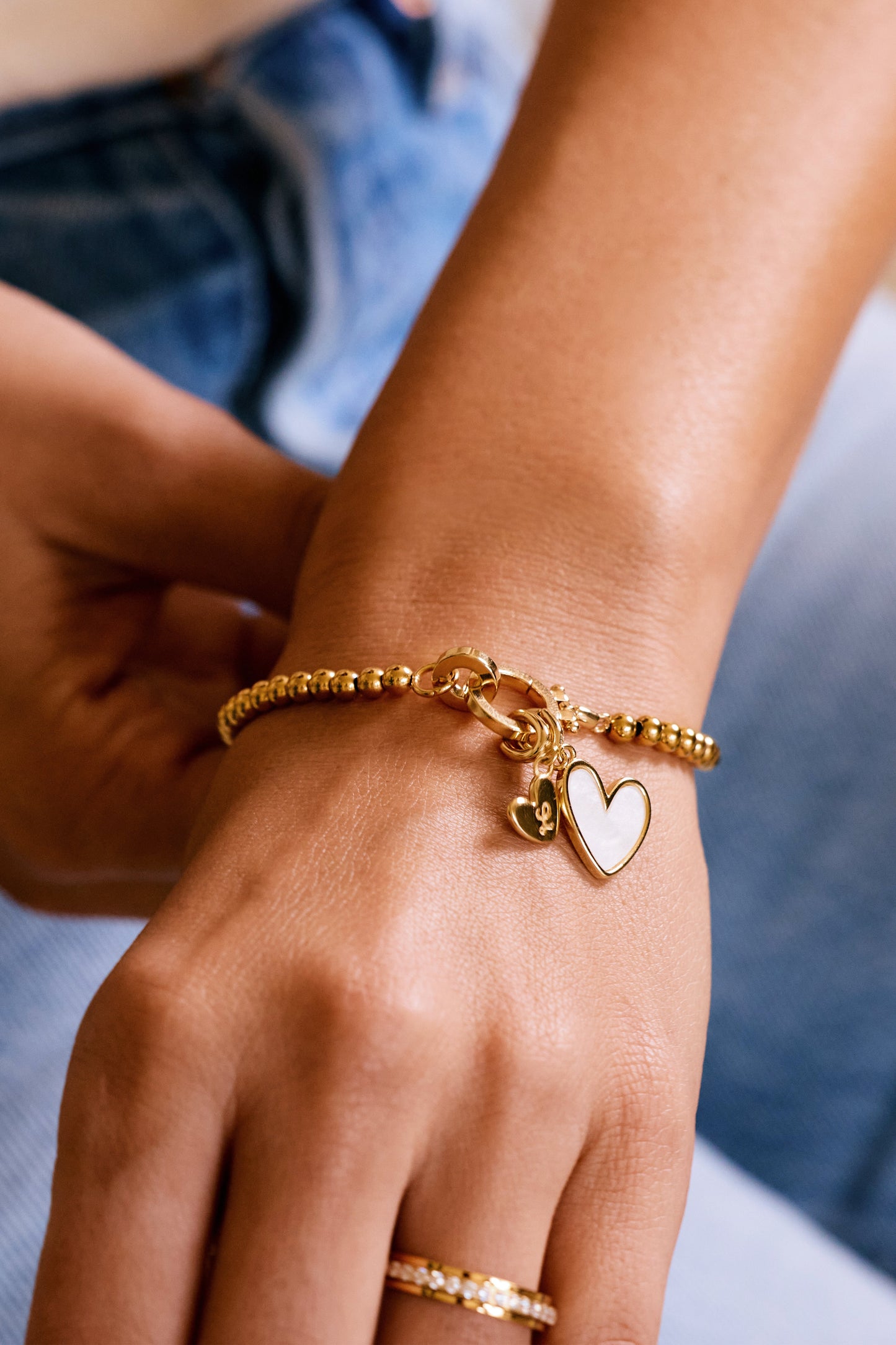 Mint Beaded Bracelet with Mother Of Pearl Initial Heart Charm