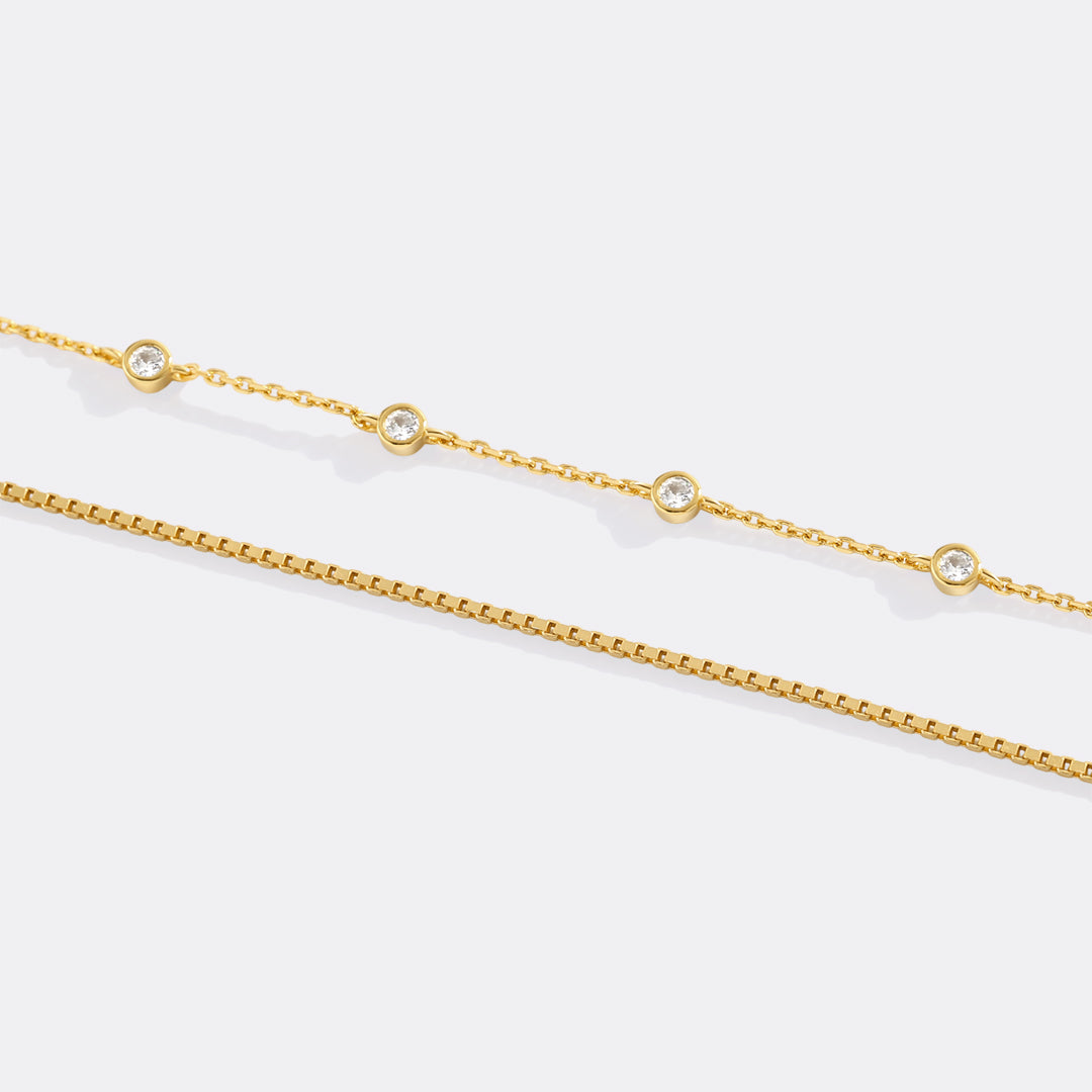 Bezel Set Diamond Bracelet and Box Chain Bracelet Stacking Set