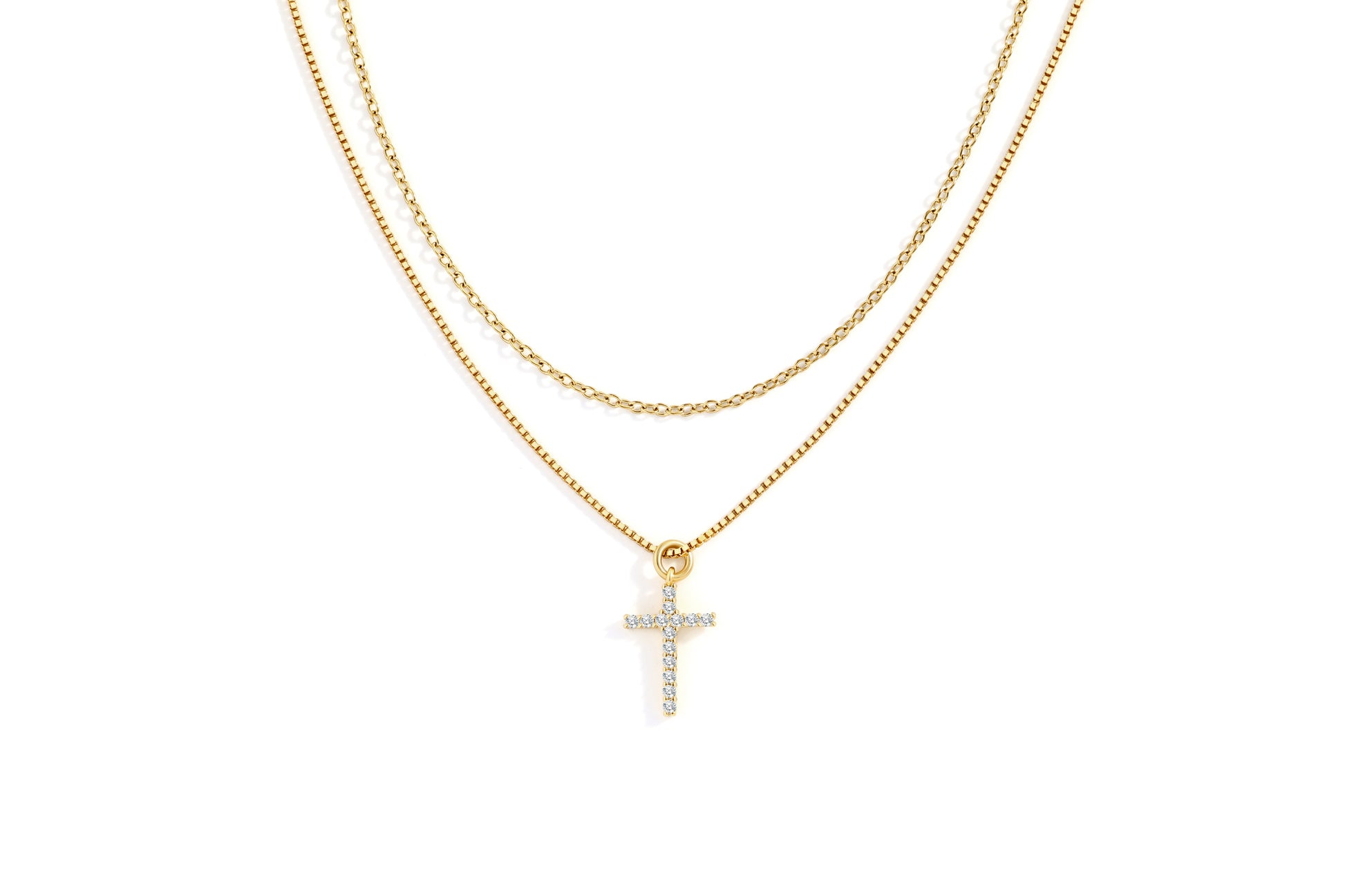 Dainty Cable Necklace with Pave Cross Chain Necklace Stacking Set