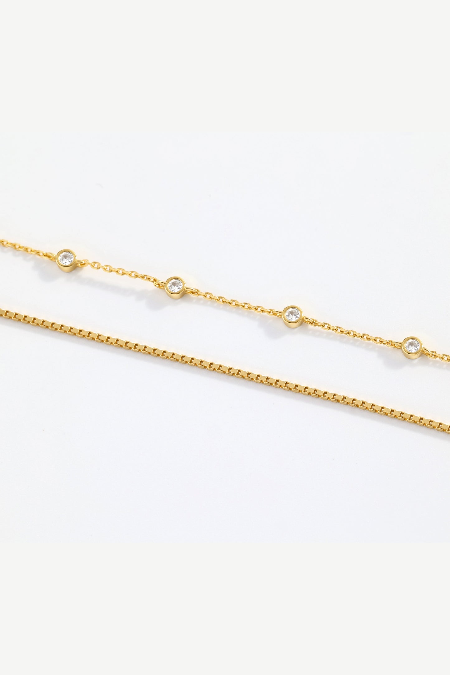 Bezel Set Diamond Bracelet and Box Chain Bracelet Stacking Set