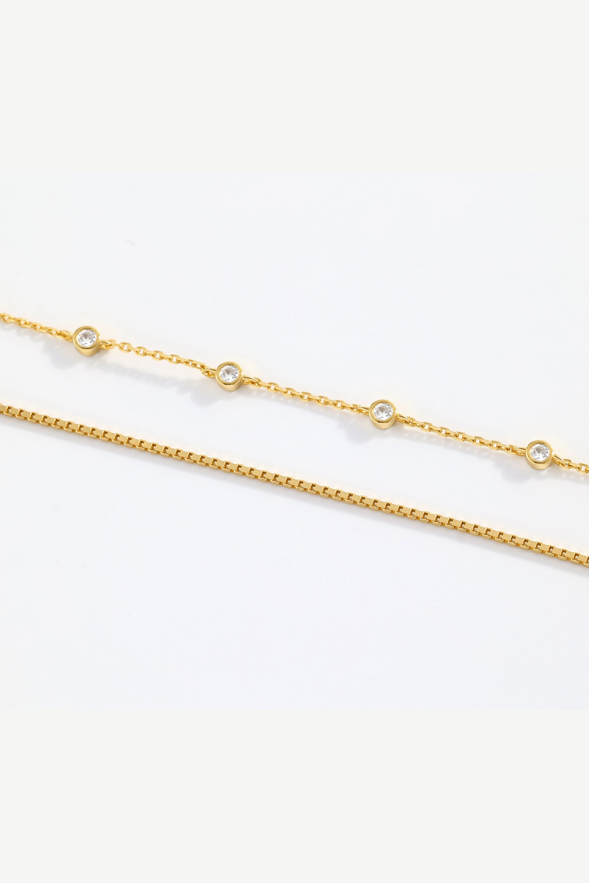 Bezel Set Diamond Bracelet and Box Chain Bracelet Stacking Set