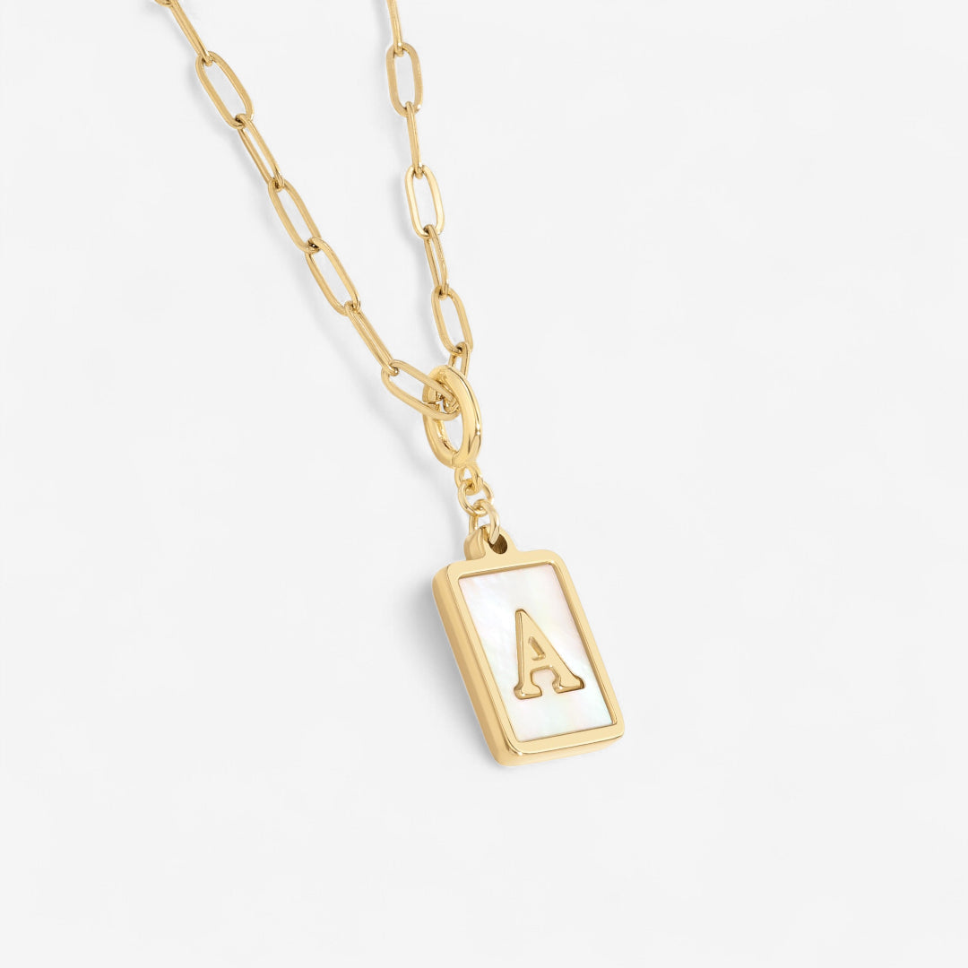 Mother of Pearl Card Initial Necklace | Paperclip Chain