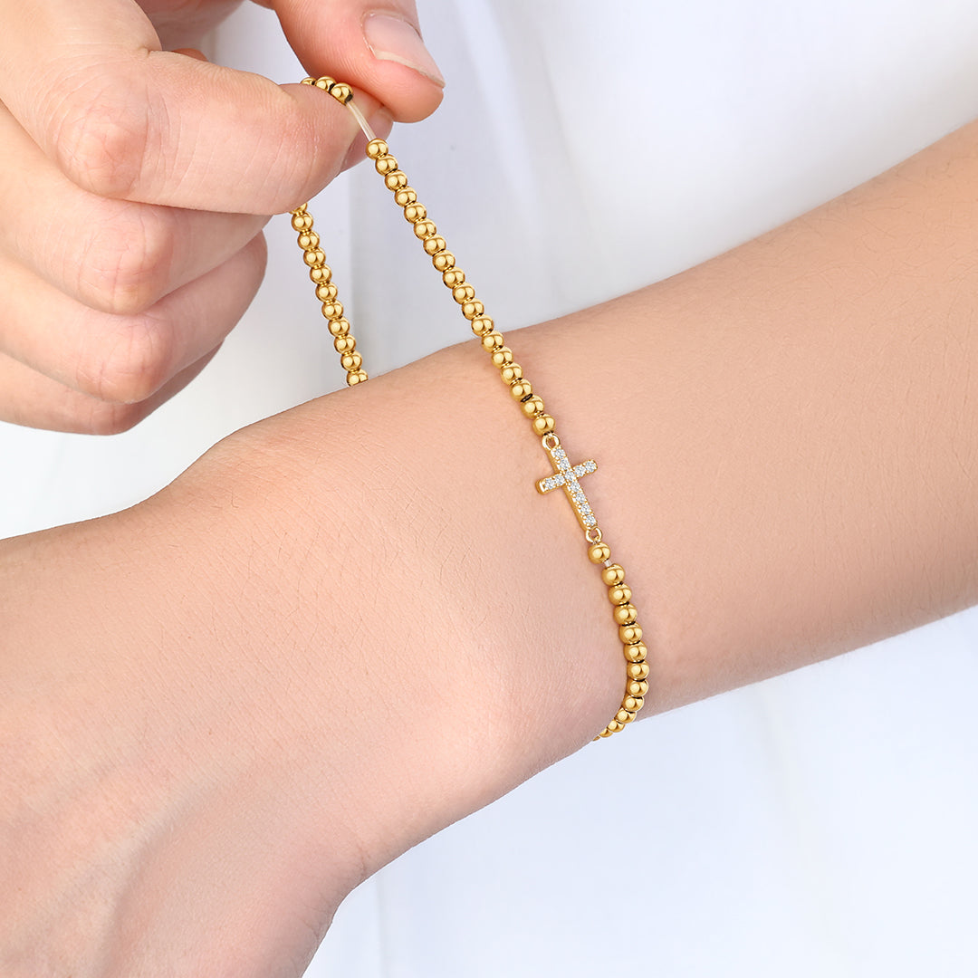 Gold Beaded Cross Stretch Bracelet