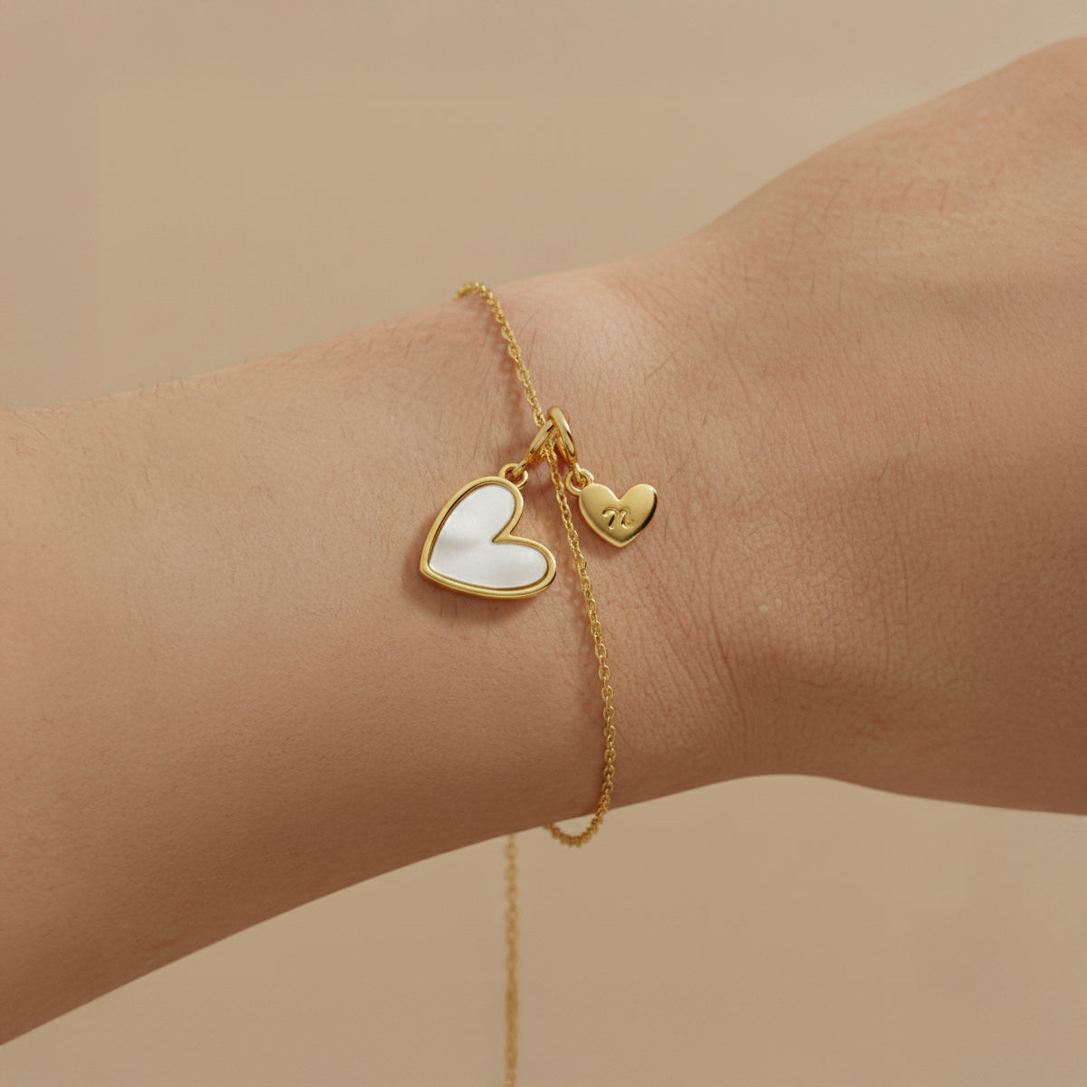 Dainty Mother Of Pearl Cable Chain Bracelet with Initial Heart Charm