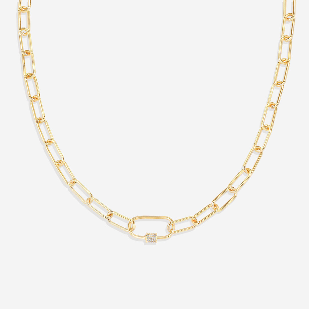 Link Chain Necklace with Pave Carabiner Clasp