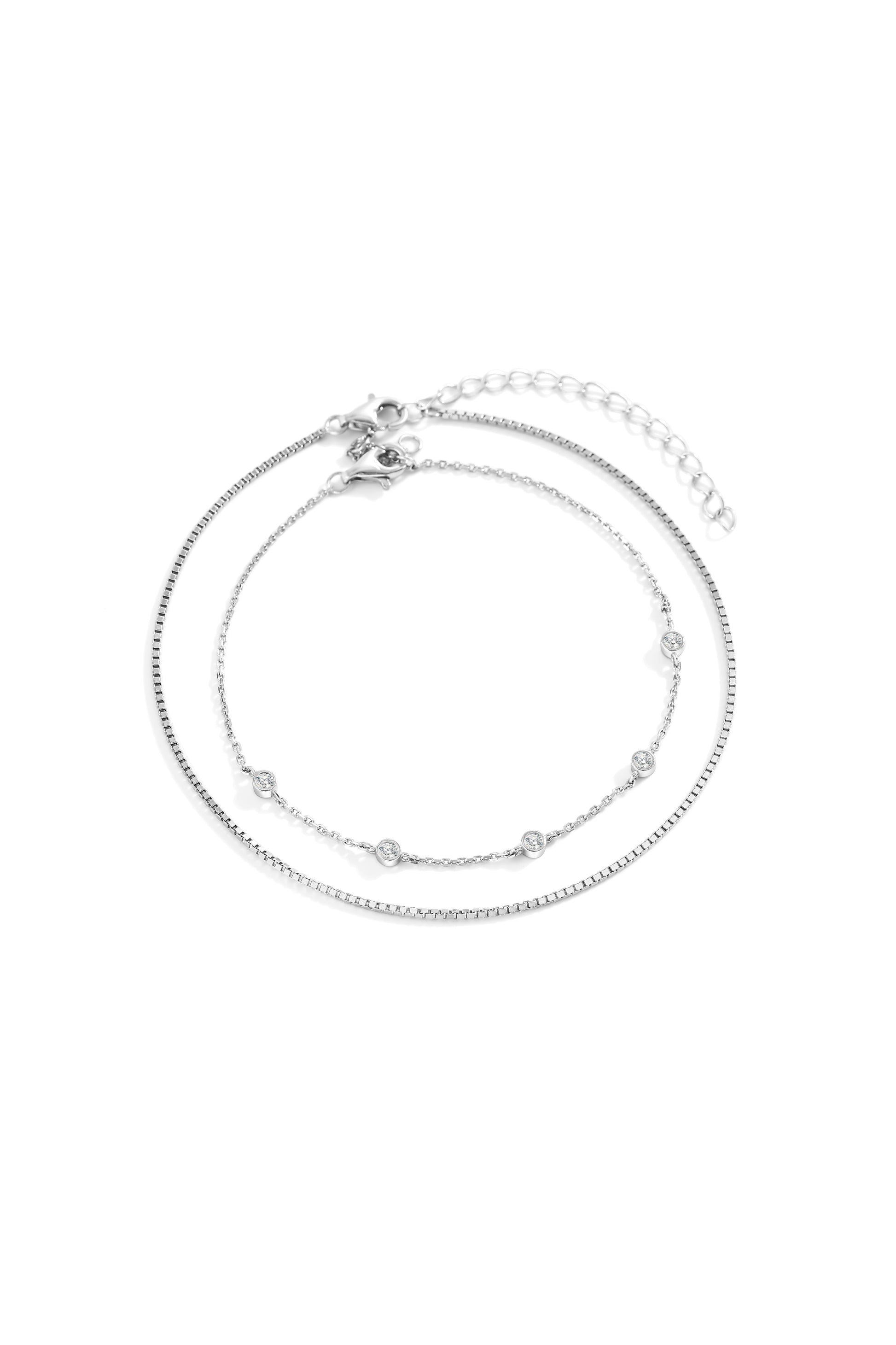 Bezel Set Diamond Bracelet and Box Chain Bracelet Stacking Set