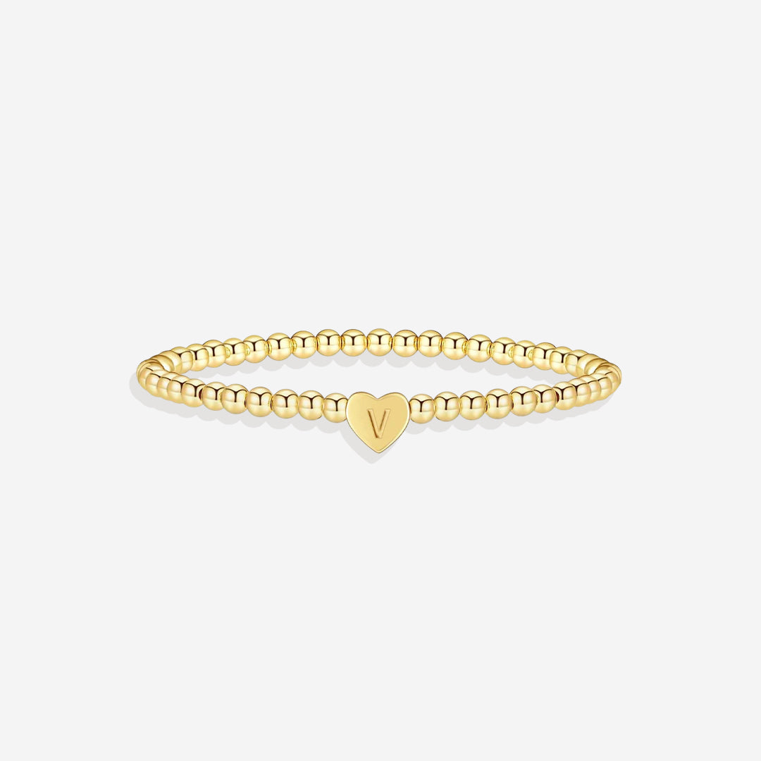 Gold Beaded Bracelet with Heart Initial