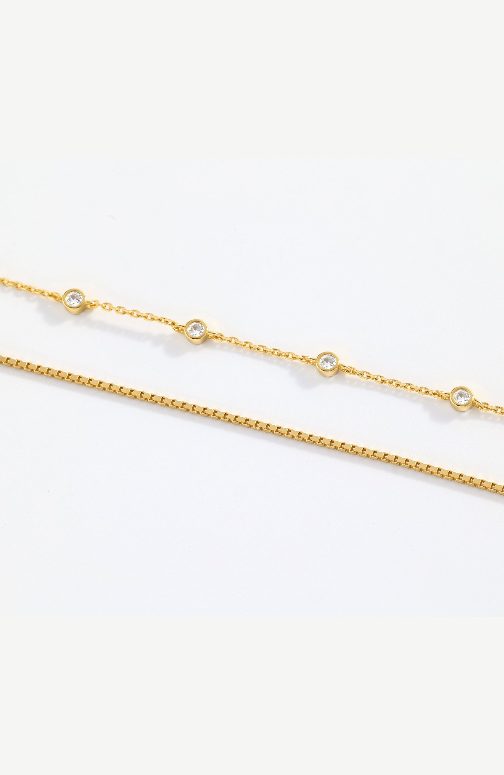 Bezel Set Diamond Bracelet and Box Chain Bracelet Stacking Set