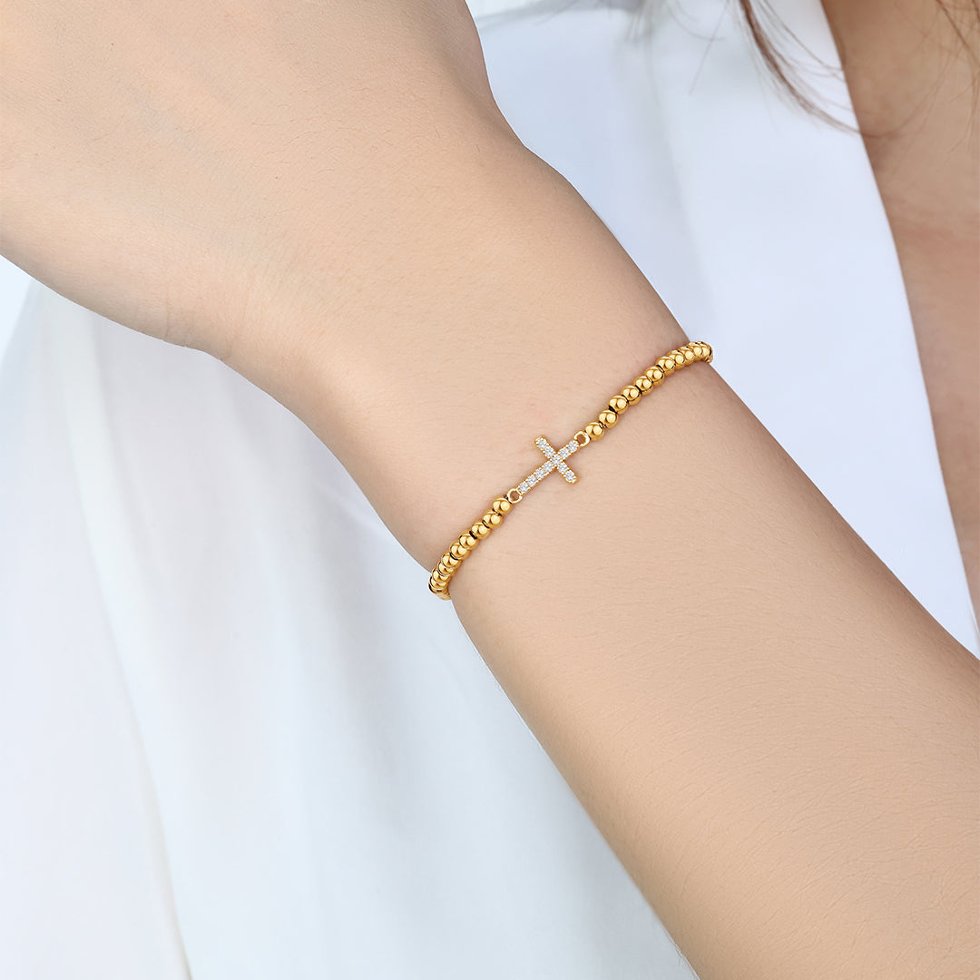 Gold Beaded Cross Stretch Bracelet