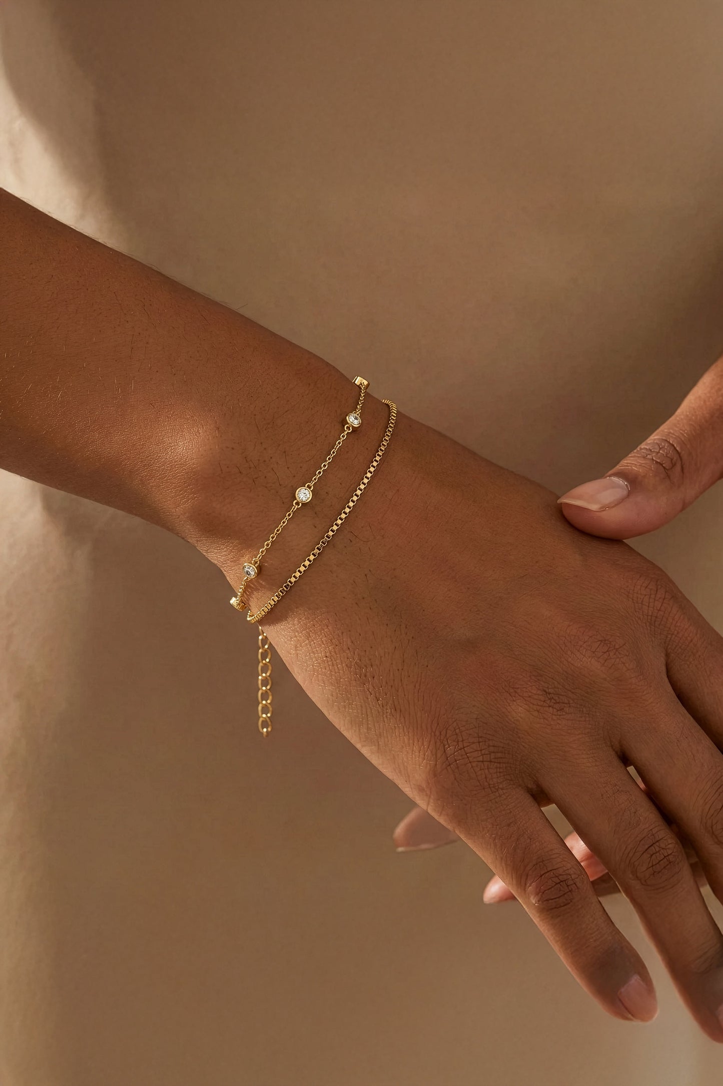 Bezel Set Diamond Bracelet and Box Chain Bracelet Stacking Set