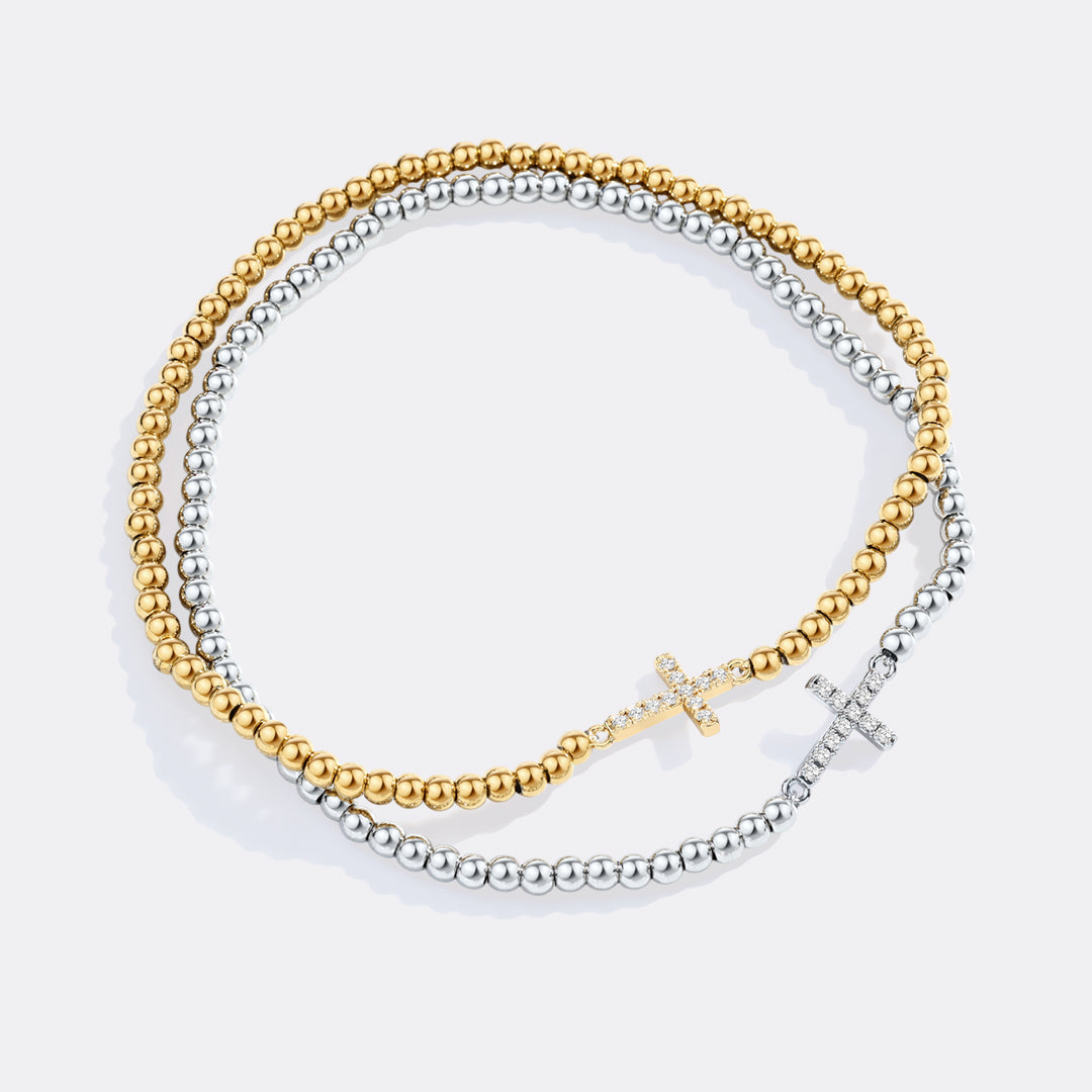 Gold Beaded Cross Stretch Bracelet