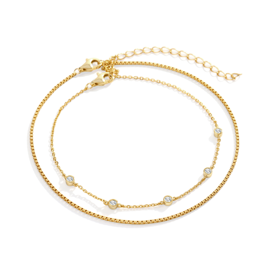 Bezel Set Diamond Bracelet and Box Chain Bracelet Stacking Set