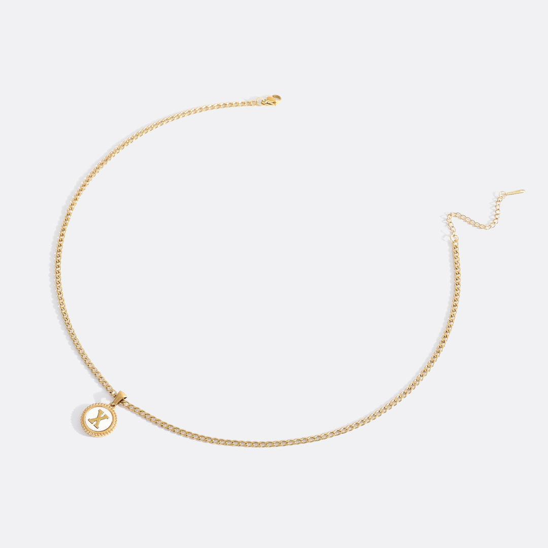 Mother of Pearl Disc Letter Necklace with Cuban Chain