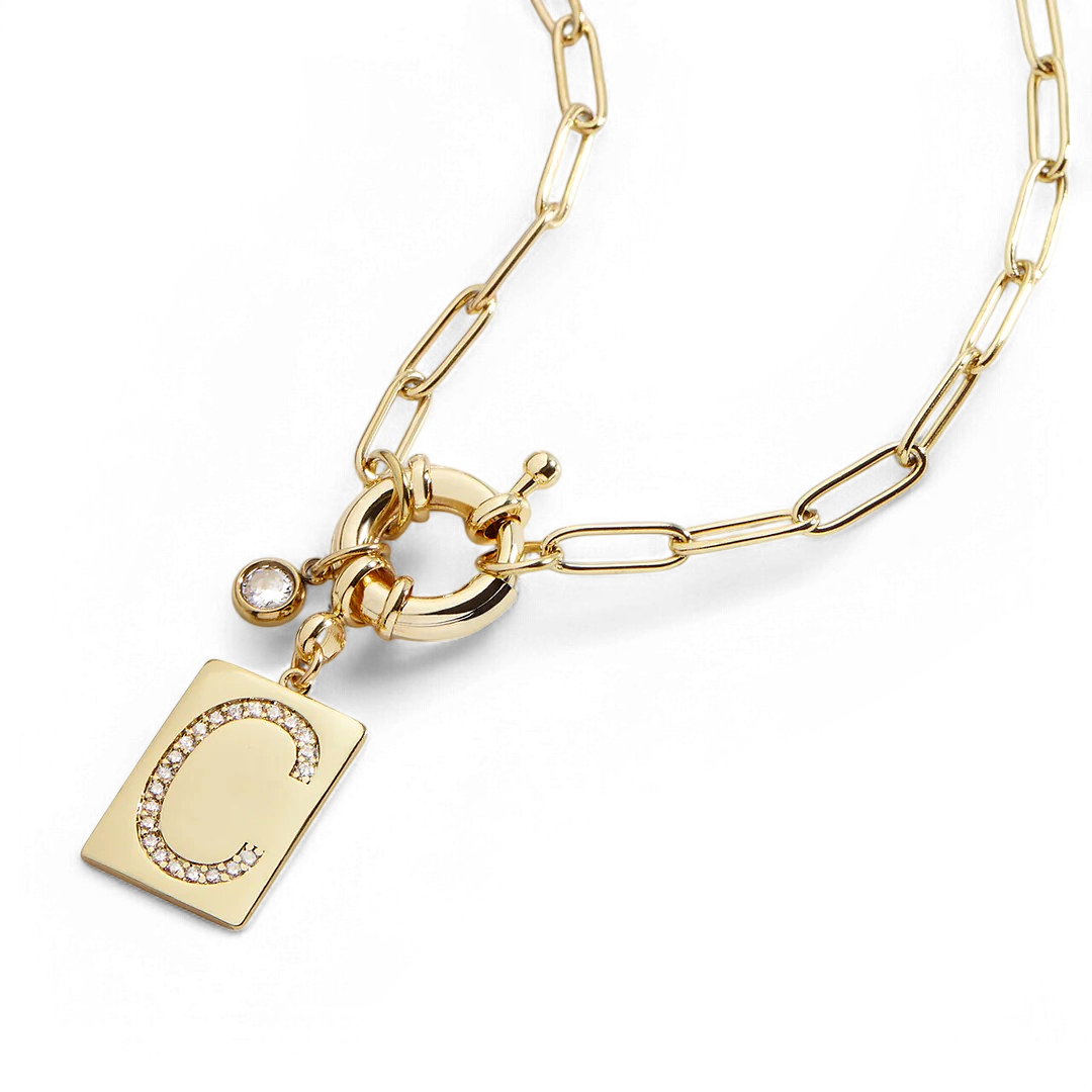 Pave Initial Pendant Necklace with Paperclip Chain