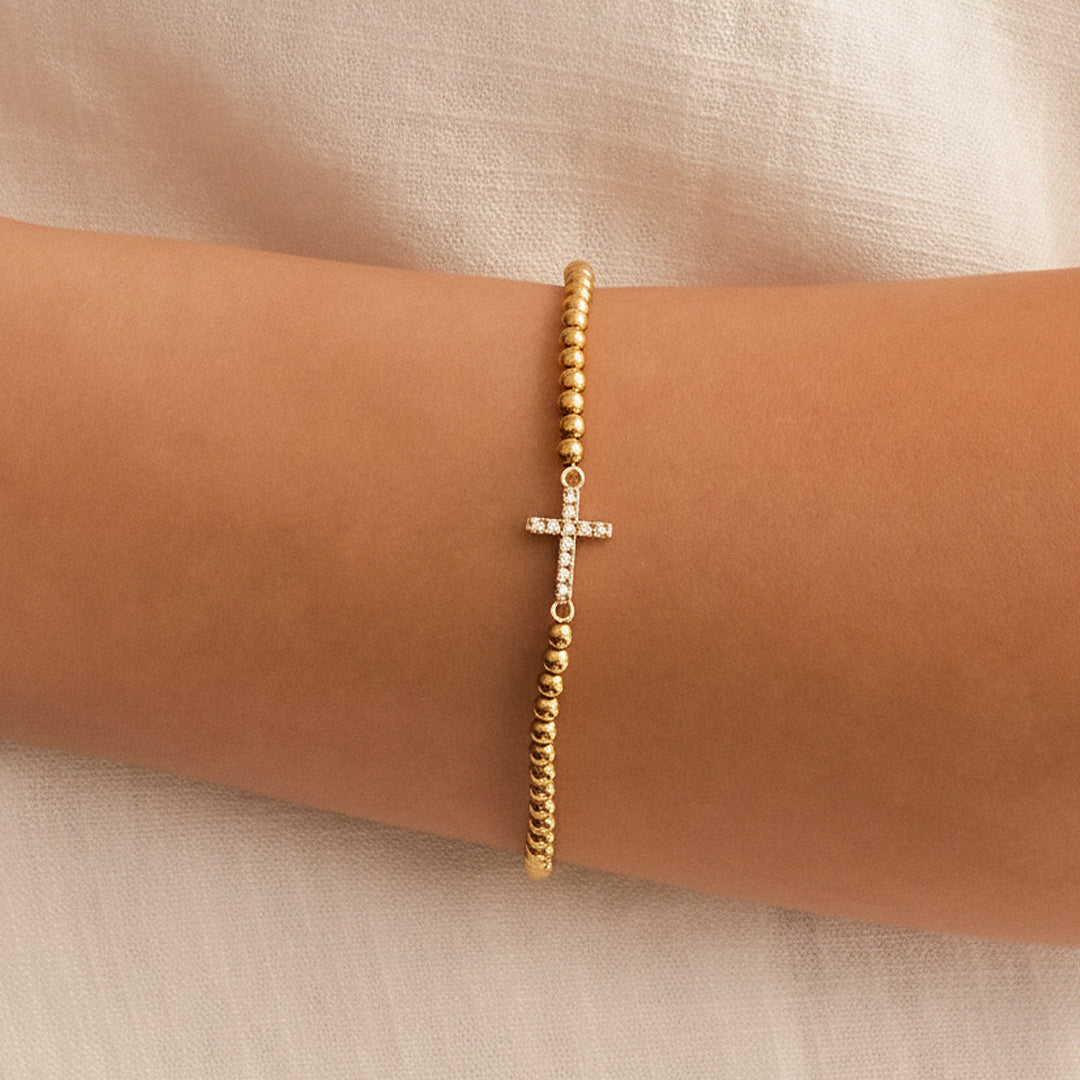 Gold Beaded Cross Stretch Bracelet