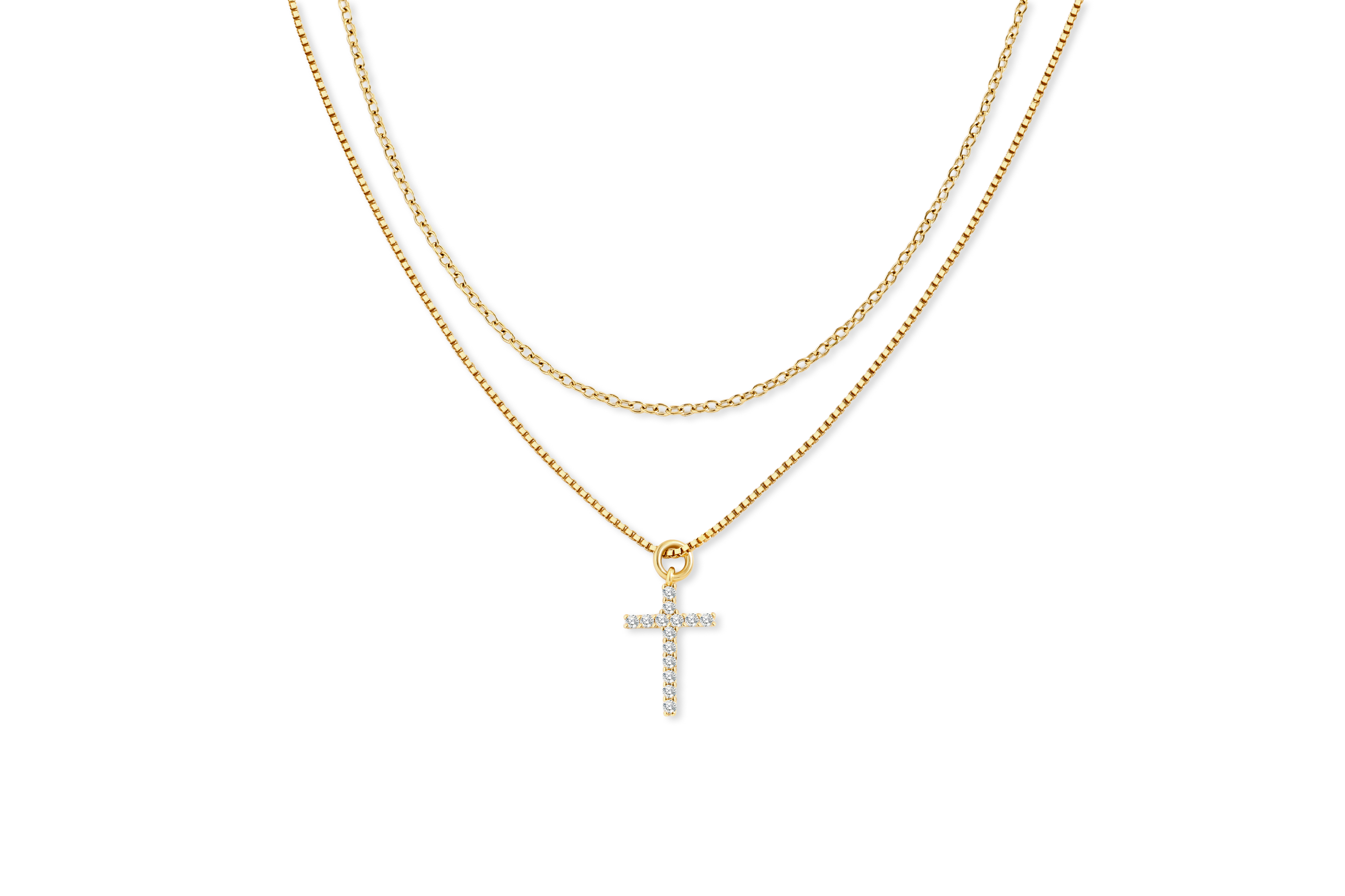 Dainty Cable Necklace with Pave Cross Chain Necklace Stacking Set